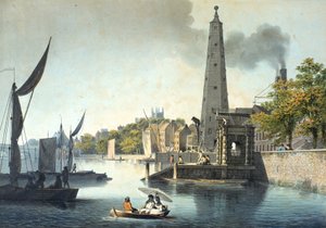 De rivier de Theems richting Westminster met York Water Gate en de York Building Water Works door James Malton